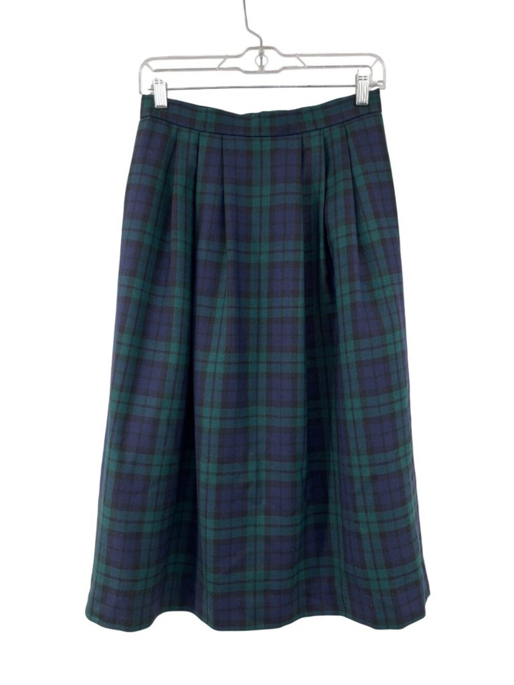 Lands End Wool Skirt Womens 8 Petite Blue Green Plaid Midi Lined Scotland